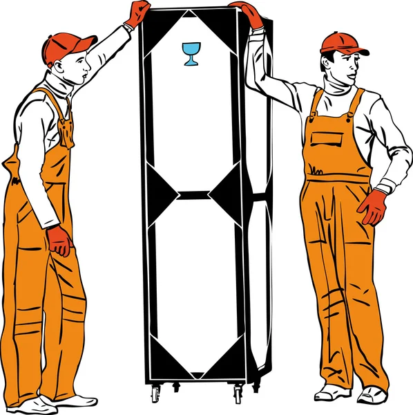 在橙色组合中的两个码头工人举行一个框 — 图库矢量图片