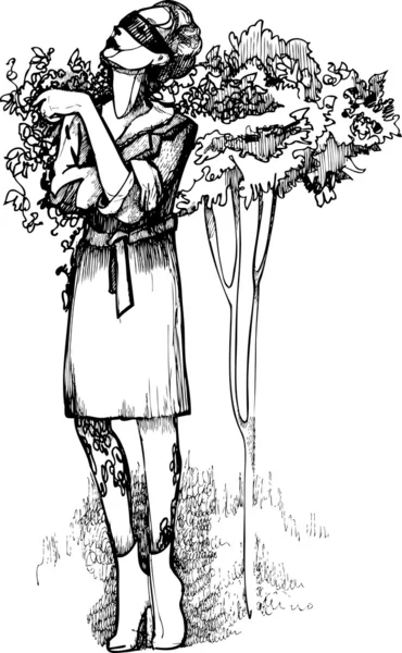 Menina de óculos perto da árvore — Vetor de Stock