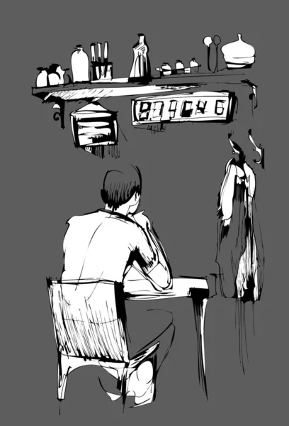 Der Kerl in der Küche sitzt am Tisch — Stockvektor
