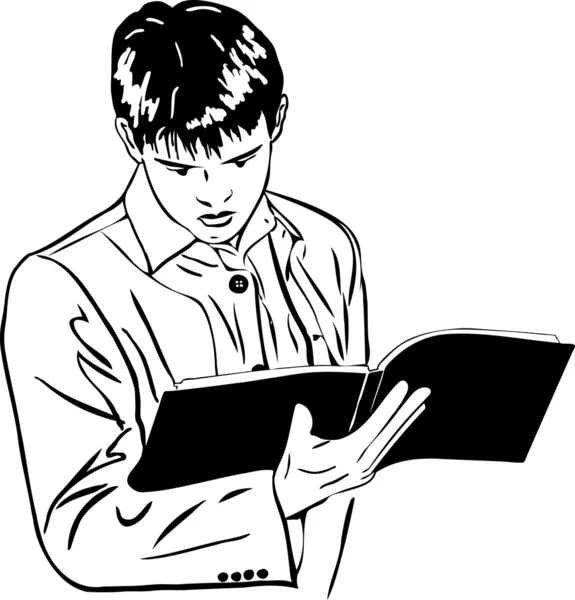 Σκίτσο του αγόρι, διαβάζοντας προσεκτικά ένα μεγάλο σημειωματάριο — Διανυσματικό Αρχείο