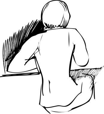 Girl sitting at a table with his back to us clipart