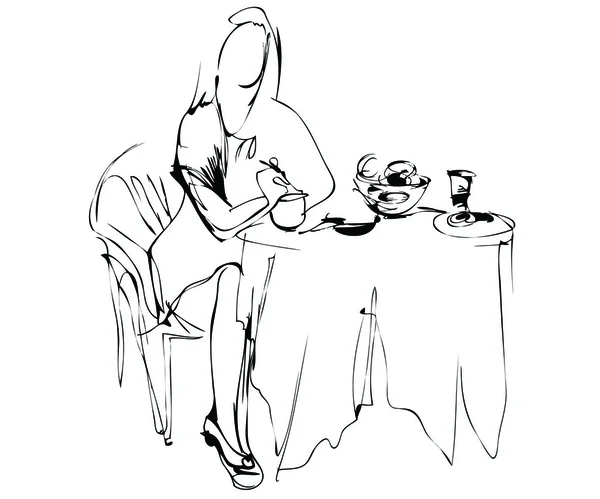 女孩在一家咖啡馆坐一桌吃过早餐 — 图库矢量图片