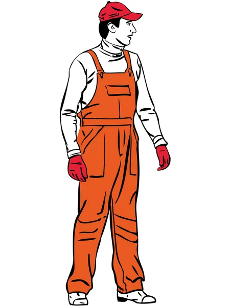 주황색 옷을 입은 근로자를 스케치하는 모습 — 스톡 벡터