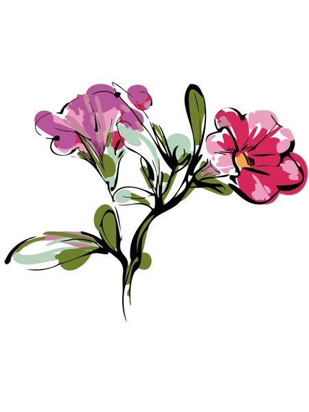 Рисунок ветки с двумя розовыми бутонами и листвы — стоковый вектор