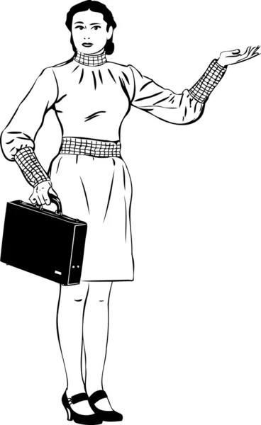 Девушка с коротеньким чемоданом указывает руку — стоковый вектор