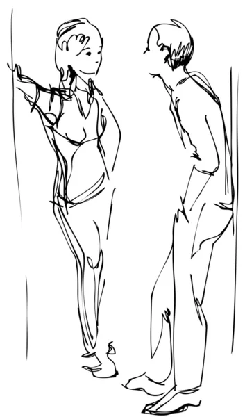 Мужчина и девушка общаются вертикально в коридоре — стоковый вектор
