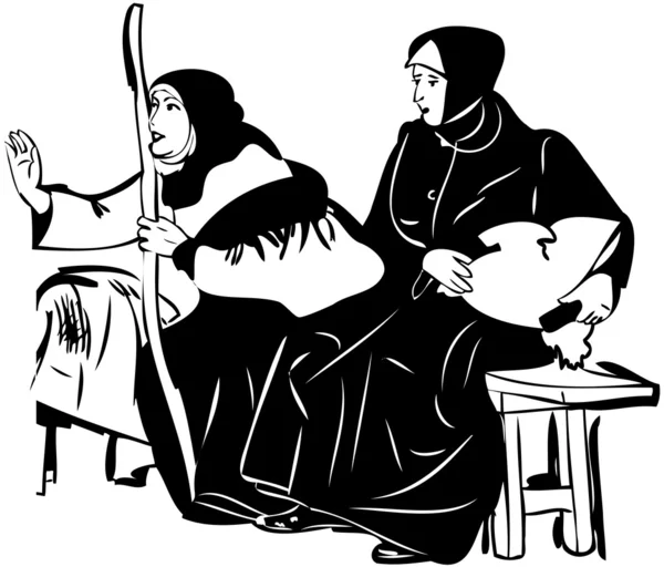 Två kvinnor i svart sjalar på bänken — Stock vektor