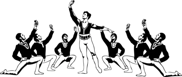 Szkic tancerzy baletowych mężczyzna siedzi w pozie wokół solista — Wektor stockowy