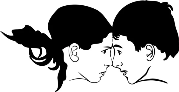 Skizze eines Jungen und eines Mädchens, die einander von Angesicht zu Angesicht betrachten — Stockvektor