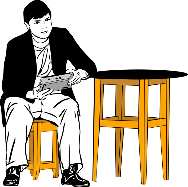 En kille som sitter på en pall vid bordet — Stock vektor