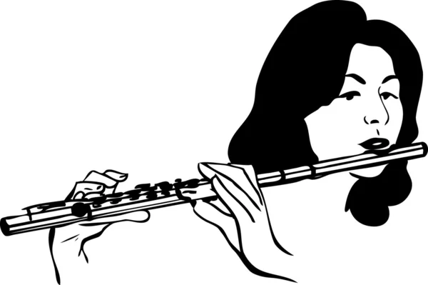 En skiss en tjej spelar vind musikinstrument flöjt — Stock vektor