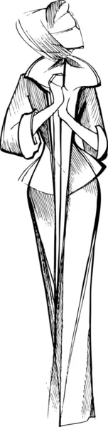 Zwart-wit schets meisje in een lange jurk en sjaal — Stockvector