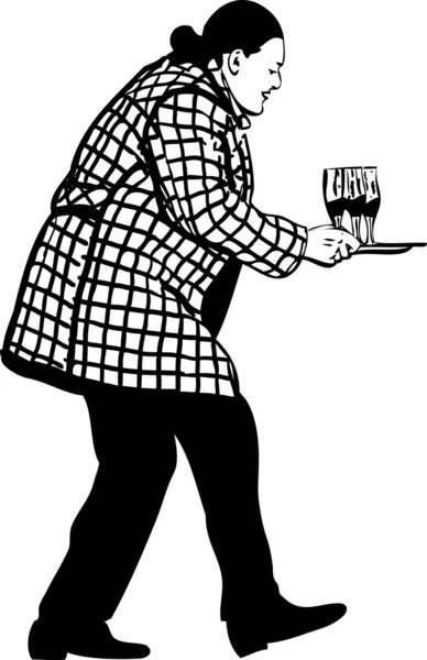 Man in een overjas draagt drie glazen met wijn — Stockvector