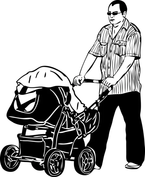 Dibuja un papá con anteojos rueda un carro de niños — Vector de stock