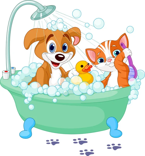 Perro y gato tomando un baño — Archivo Imágenes Vectoriales