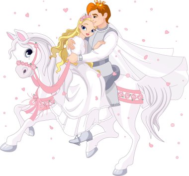 Romantic couple on white horse clipart