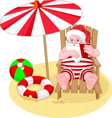 Santa Claus relaxing on the beach clipart