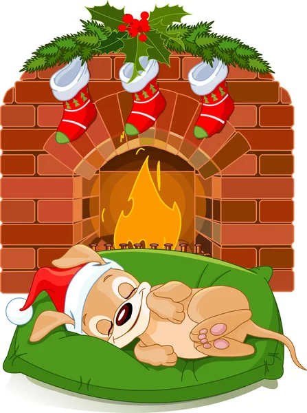 Christmas puppy near fireplace — Stock Vector