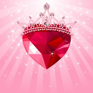 Crystal heart with crown on radial background clipart