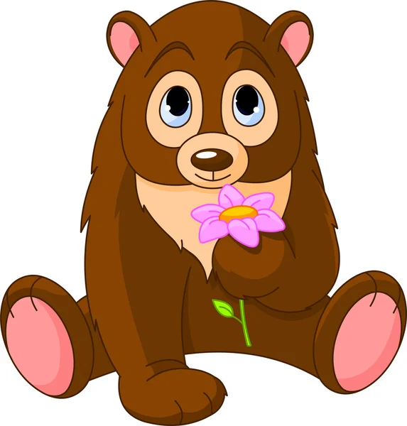 Urso bonito segurando flor — Vetor de Stock