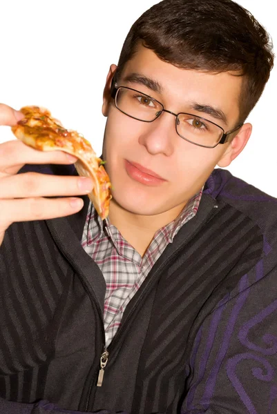 The guy eats pizza. — Stock Photo, Image