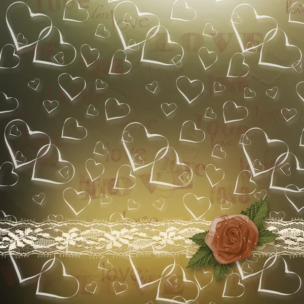 Glückwunschkarte oder Einladung mit roter Rose und Herzen — Stockfoto
