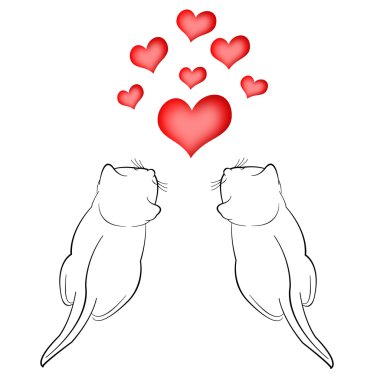 Two in love cats and red hearts on white background