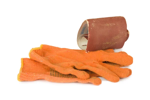 Emery paper and gloves on the white isolated background — Stock Photo, Image