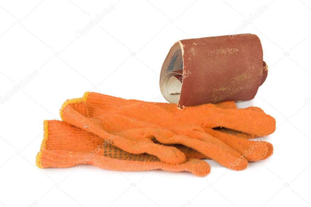 Emery paper and gloves on the white isolated background
