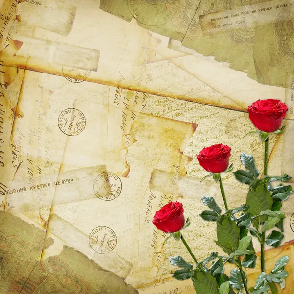 复古岁背景、 老明信片、 信封和玫瑰 — 图库照片