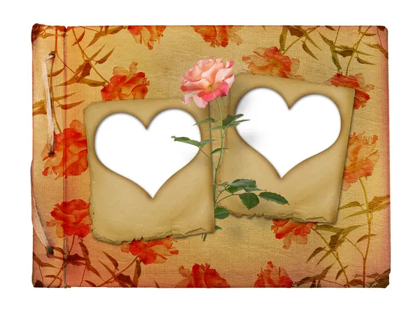 Ročník fotoalbum na fotografie s snímky a rose na izolovaných na bílém květi — Stock fotografie