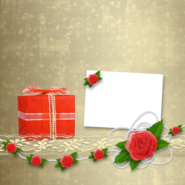 Card for invitation or congratulation with buttonhole and lace — Stock Photo, Image