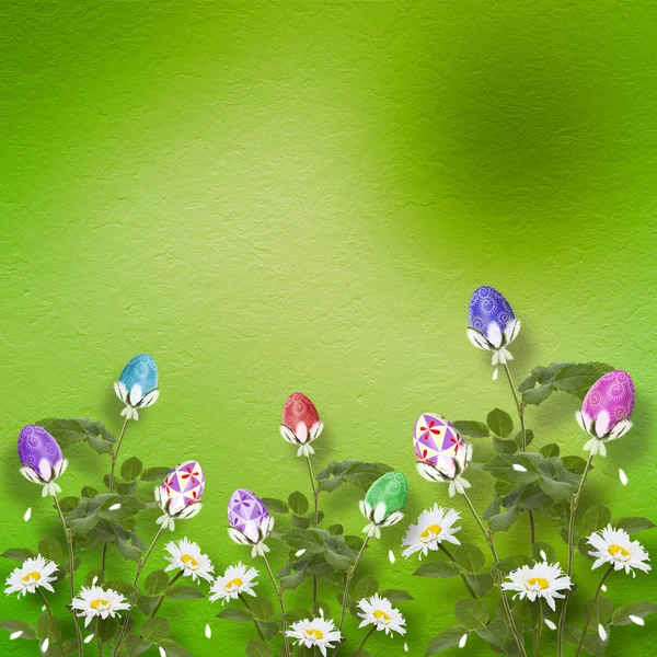Пастельний фон з різнокольоровими яйцями та квітами для святкування — стокове фото