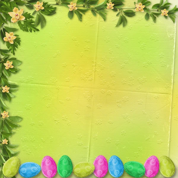 Pastel background with colored eggs and orchids to celebrate Eas — Stock Photo, Image