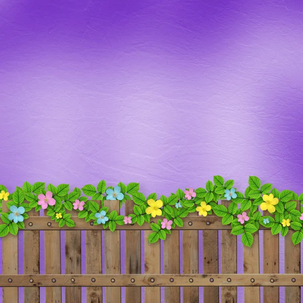 Wooden fence with a flower garland on the abstract background of — Stock Photo, Image