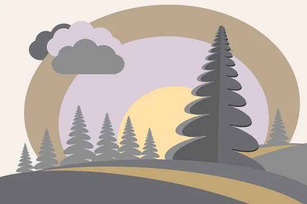 Firtree heuvels zon wolk cartoon afbeelding — Stockvector
