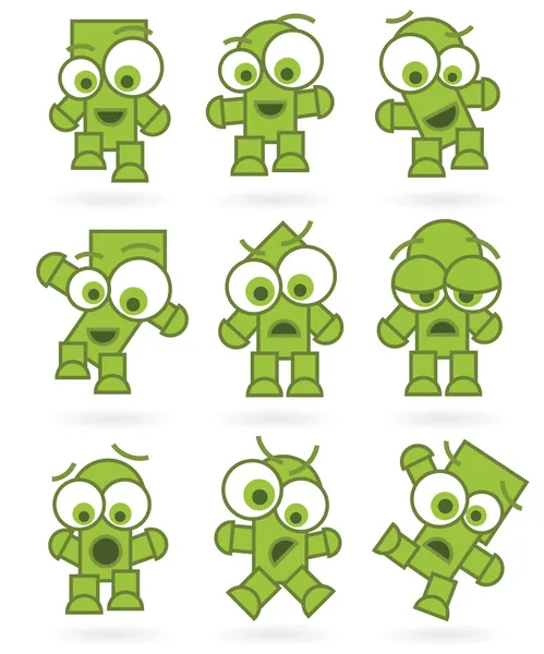 Divertenti cartoni animati verdi robot mostro personaggio set — Vettoriale Stock