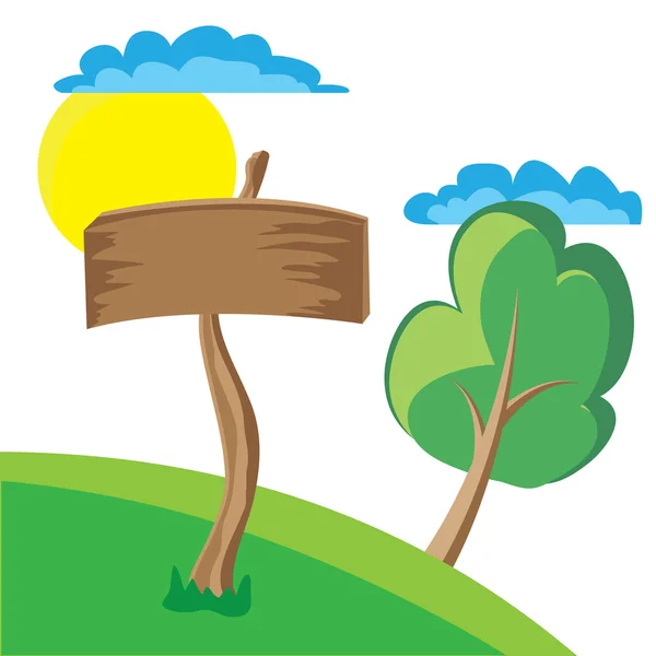 Dřevěná deska znamení s mraky, slunce a strom — Stockový vektor