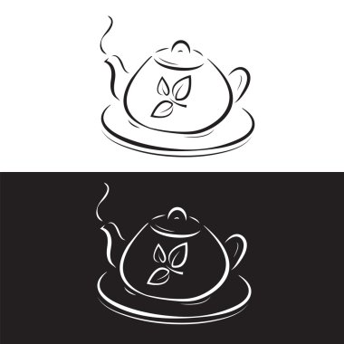 Teapot with leaves symbol isolated on black and white clipart