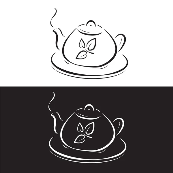 Teekanne mit Blättern Symbol isoliert auf schwarz und weiß — Stockvektor