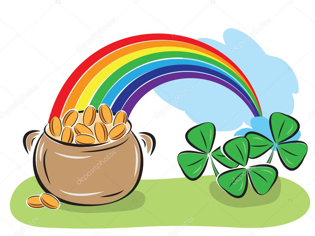 St. Patrick Day pot with coins, rainbow and shamrocks