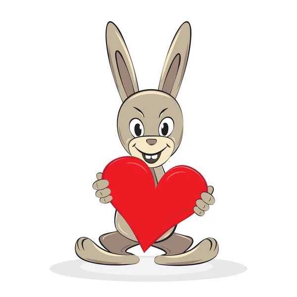 Cartoon funny rabbit holds big red heart — Stock Vector