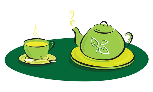Théière avec symboles de feuilles et illustration tasse — Image vectorielle