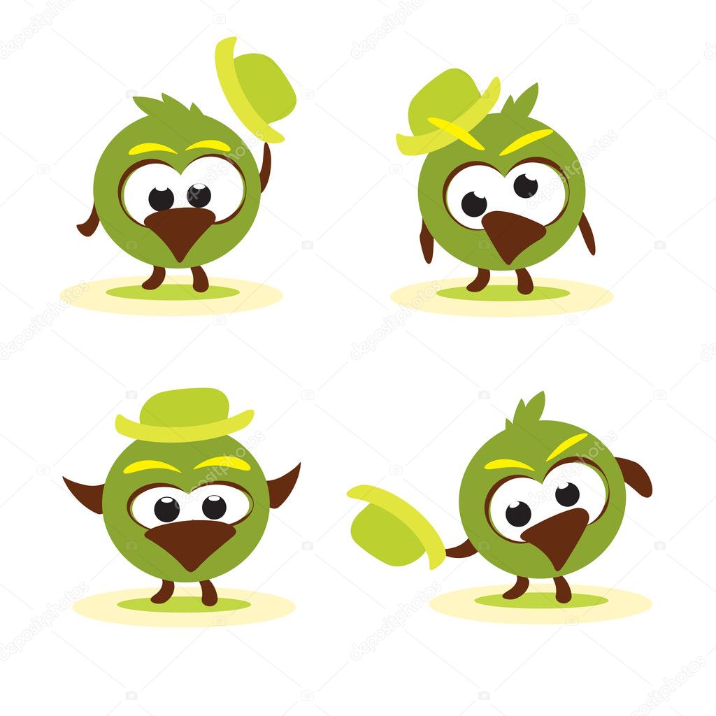 Set of funny cartoon birds with hat