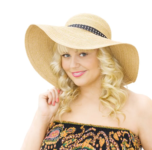 Férias de verão - mulher usando chapéu de palha — Fotografia de Stock
