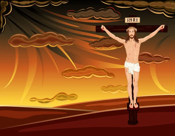 Crucifixión de Jesús en las colinas del Gólgota — Vector de stock