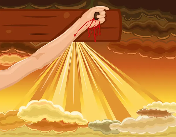Crucifixión - mano de Jesús clavada en la cruz — Vector de stock