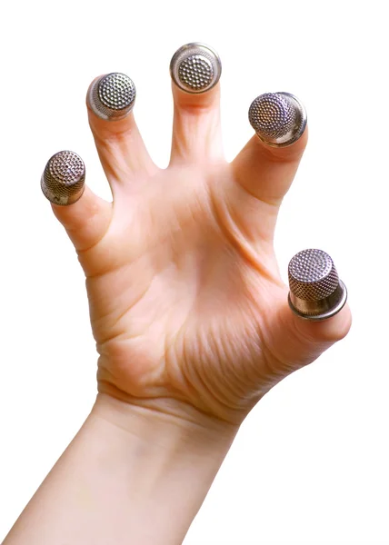 Hand is protected thimbles — Stock Photo, Image