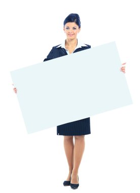 Happy smiling young business woman showing blank signboard, isolated over w clipart