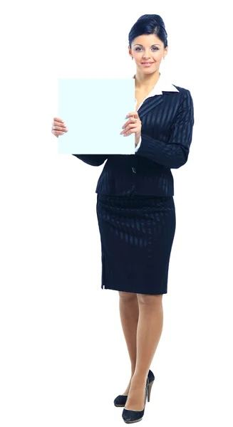 Feliz sonriente joven mujer de negocios mostrando letrero en blanco, aislado sobre w — Foto de Stock